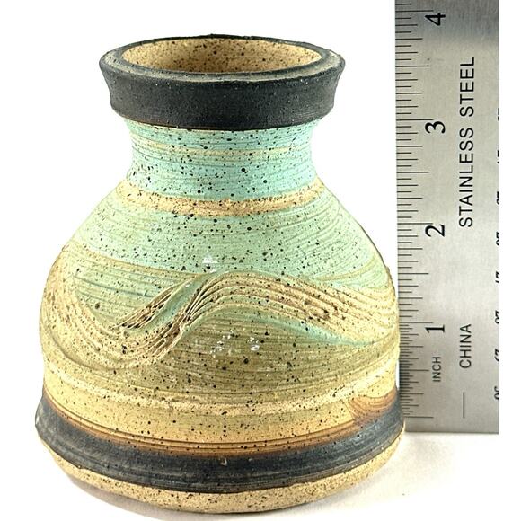Handmade Studio Pottery Bud Vase Speckled Aqua Stoneware Signed 3.5” - Picture 2 of 4